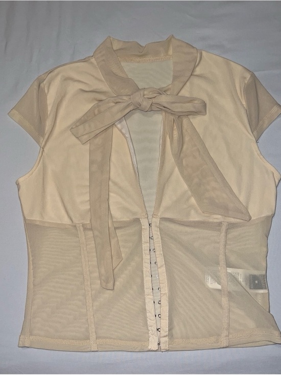 Tops - Sheer Bow-Neck Beige Mesh Top
